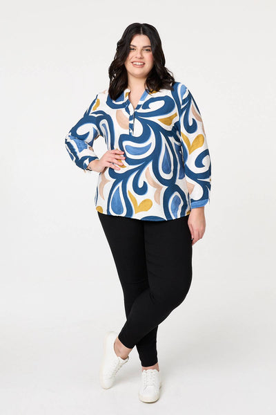 Blue | Curve Abstract Turn-Up Sleeve Blouse