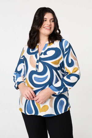 Blue | Curve Abstract Turn-Up Sleeve Blouse