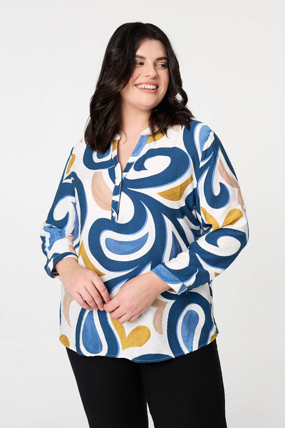 Blue | Curve Abstract Turn-Up Sleeve Blouse