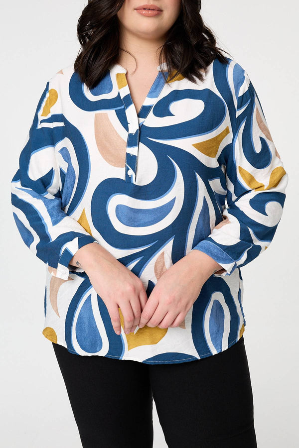 Blue | Curve Abstract Turn-Up Sleeve Blouse