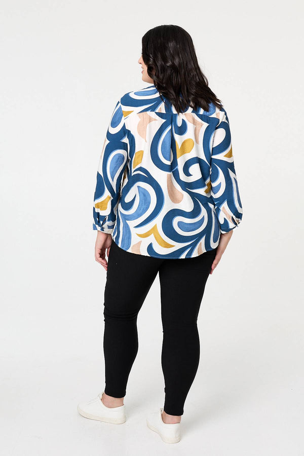 Blue | Curve Abstract Turn-Up Sleeve Blouse