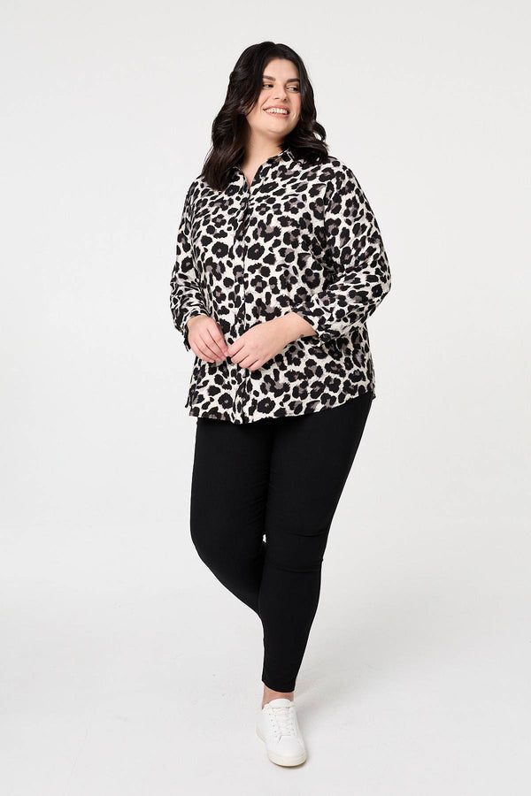 Black | Curve Animal Print Turn-Up Sleeve Shirt