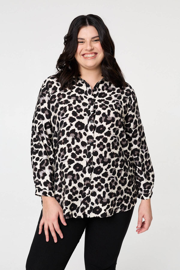Black | Curve Animal Print Turn-Up Sleeve Shirt