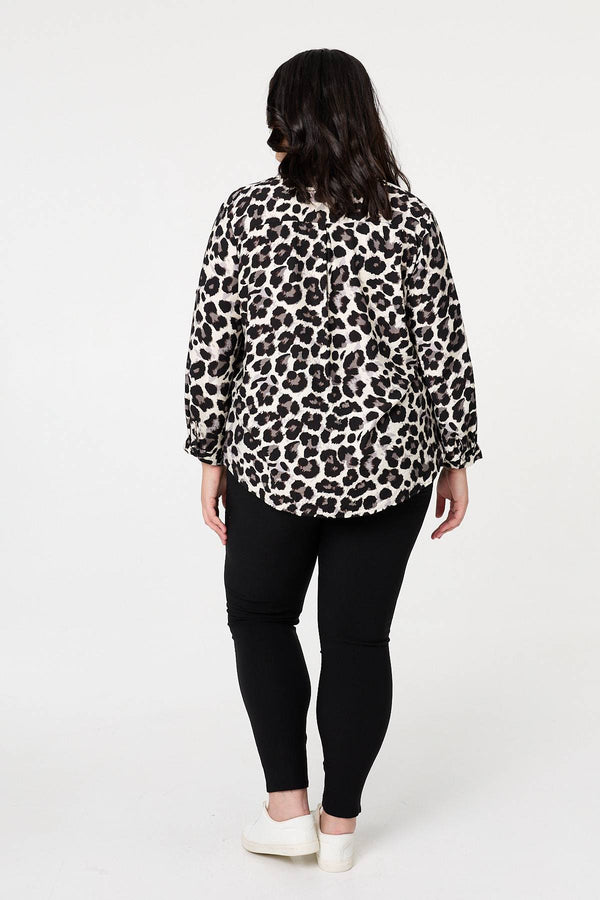 Black | Curve Animal Print Turn-Up Sleeve Shirt