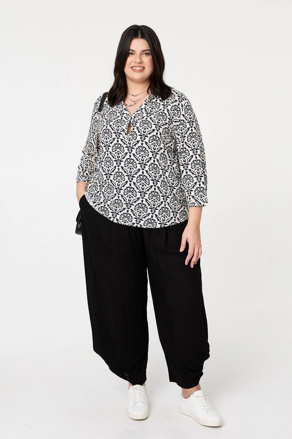 Navy | Curve Printed 3/4 Sleeve Relaxed Blouse
