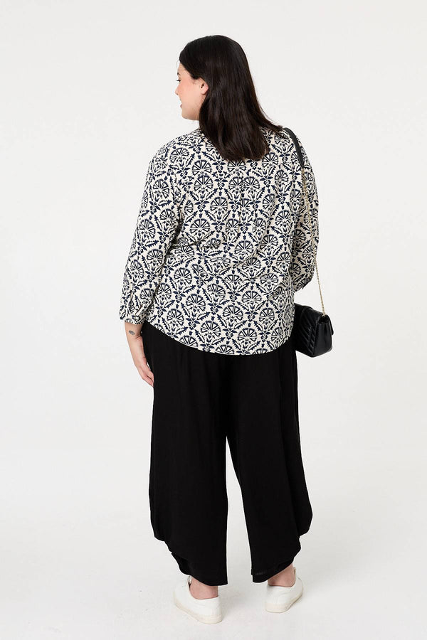 Navy | Curve Printed 3/4 Sleeve Relaxed Blouse