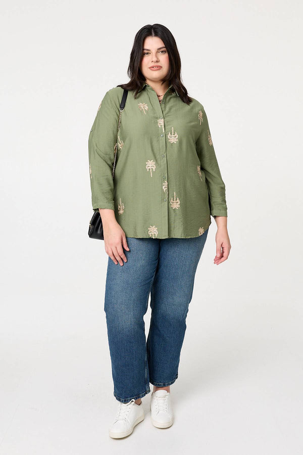Khaki | Curve Metallic Embroidered Detail Shirt
