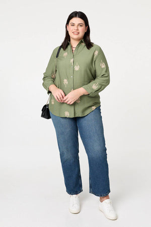 Khaki | Curve Metallic Embroidered Detail Shirt