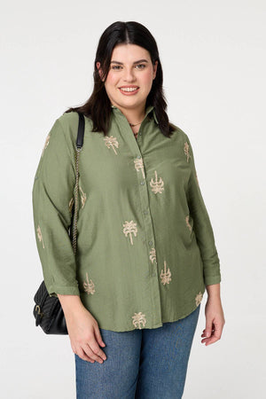 Khaki | Curve Metallic Embroidered Detail Shirt