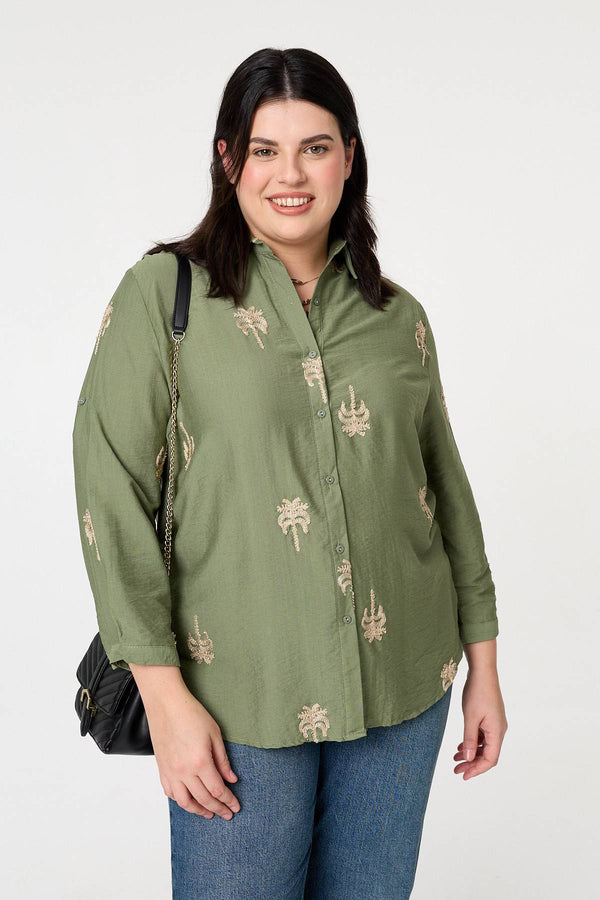 Khaki | Curve Metallic Embroidered Detail Shirt