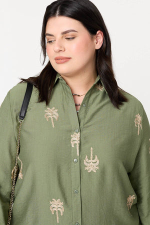 Khaki | Curve Metallic Embroidered Detail Shirt