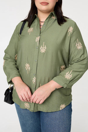 Khaki | Curve Metallic Embroidered Detail Shirt