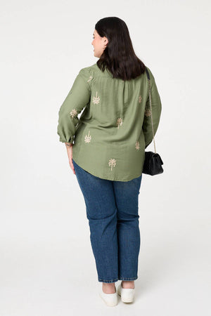 Khaki | Curve Metallic Embroidered Detail Shirt