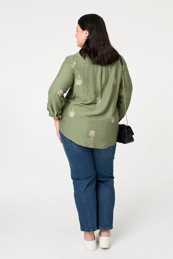 Khaki | Curve Metallic Embroidered Detail Shirt