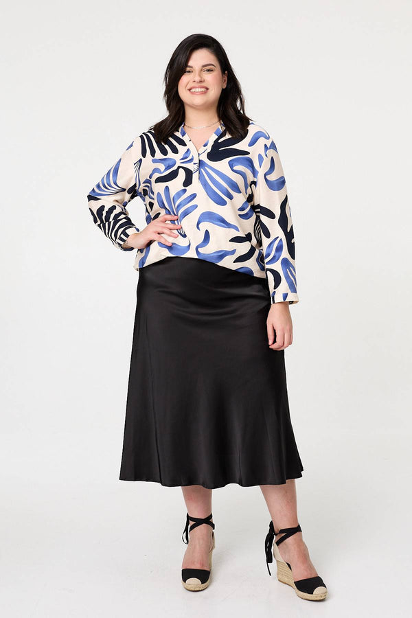 Blue | Curve Abstract Turn-Up Sleeve Top
