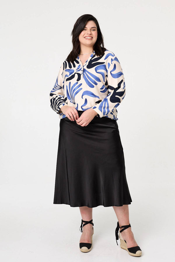 Blue | Curve Abstract Turn-Up Sleeve Top