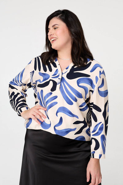 Blue | Curve Abstract Turn-Up Sleeve Top