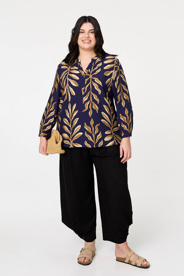 Navy | Curve Leaf Print Turn-Up Sleeve Blouse