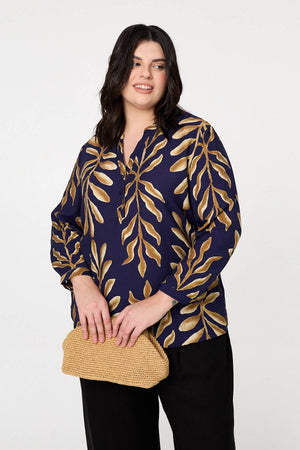 Navy | Curve Leaf Print Turn-Up Sleeve Blouse