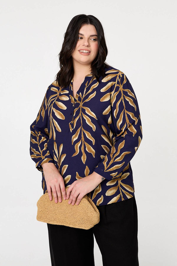 Navy | Curve Leaf Print Turn-Up Sleeve Blouse