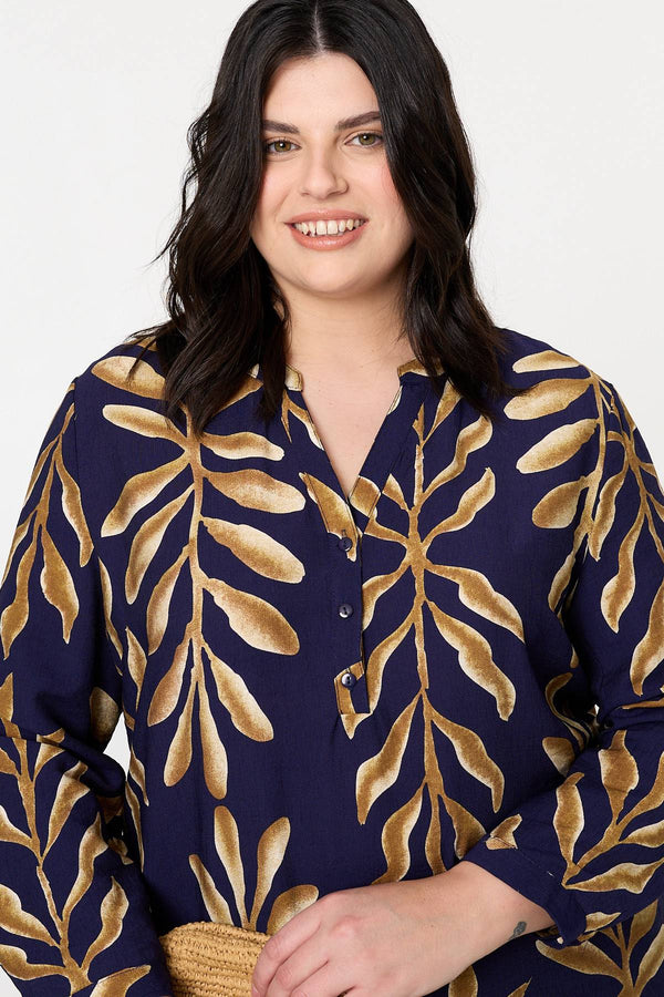 Navy | Curve Leaf Print Turn-Up Sleeve Blouse