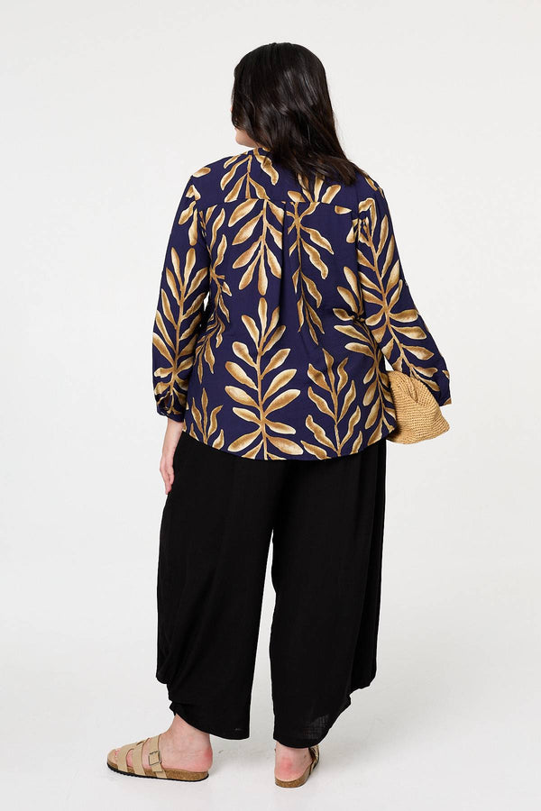 Navy | Curve Leaf Print Turn-Up Sleeve Blouse