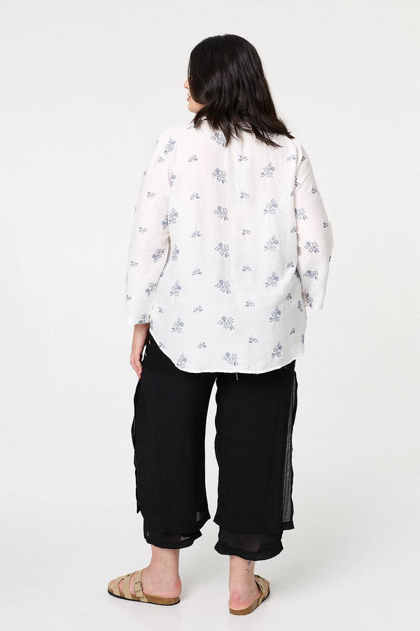 White | Curve Floral Relaxed Pleat Front Blouse