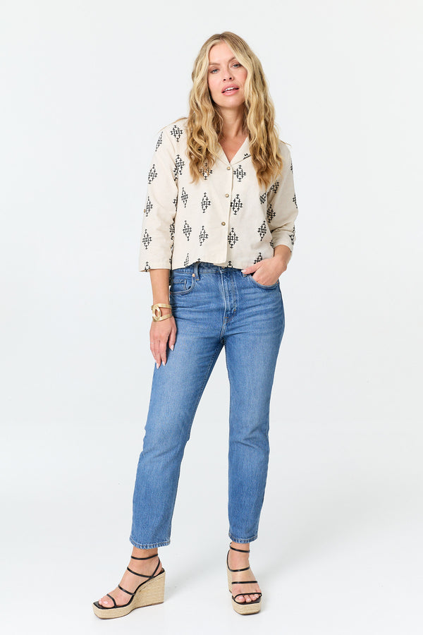 White | Printed 3/4 Sleeve Relaxed Cropped Shirt