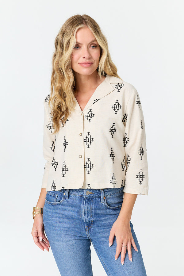 White | Printed 3/4 Sleeve Relaxed Cropped Shirt