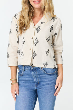 White | Printed 3/4 Sleeve Relaxed Cropped Shirt
