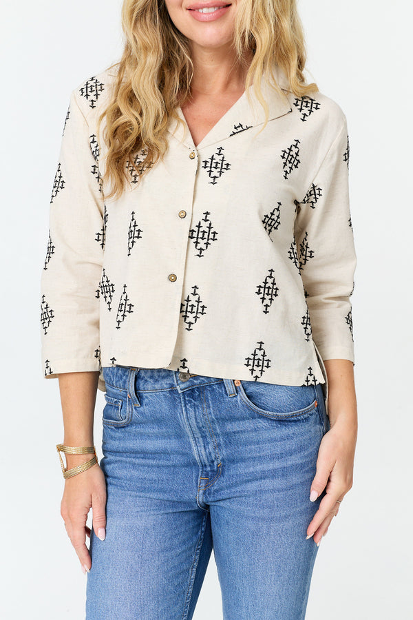 White | Printed 3/4 Sleeve Relaxed Cropped Shirt