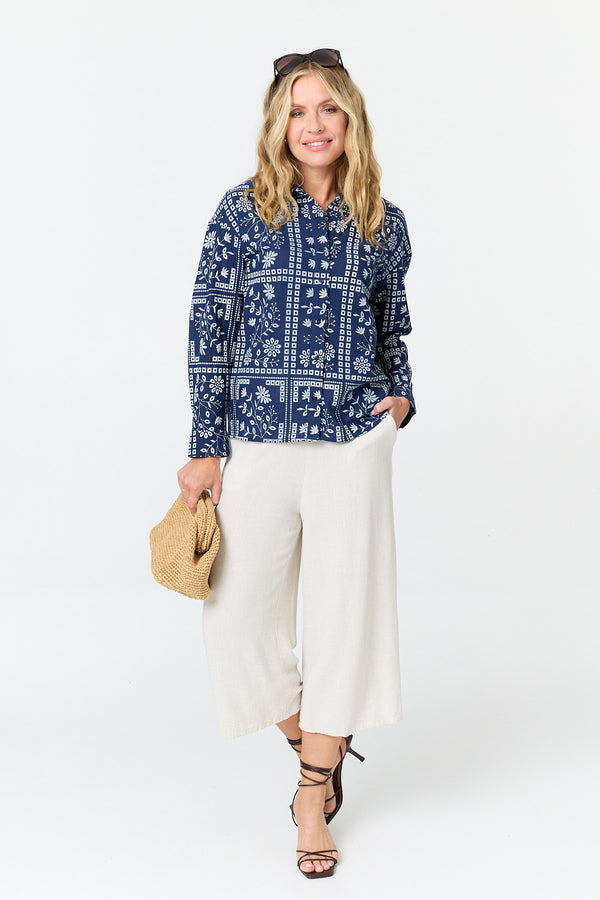 Blue | Printed Long Sleeve Relaxed Shirt
