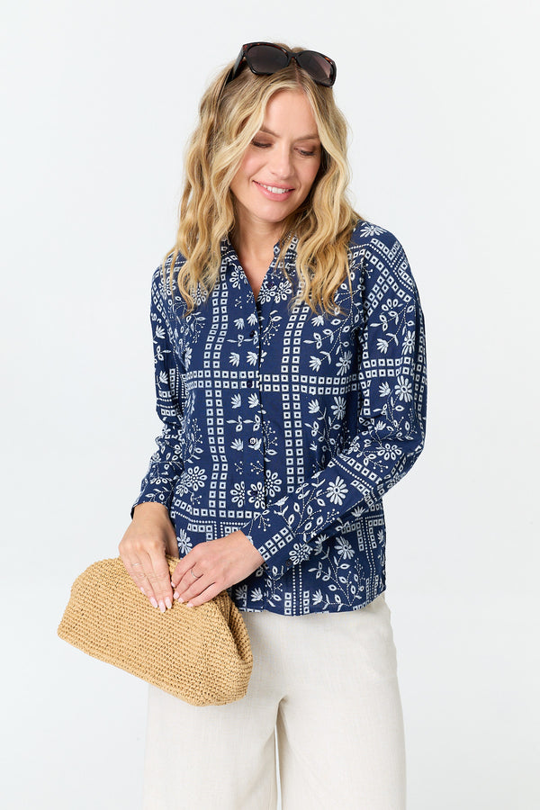 Blue | Printed Long Sleeve Relaxed Shirt