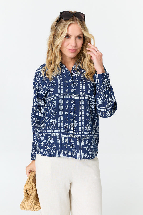 Blue | Printed Long Sleeve Relaxed Shirt