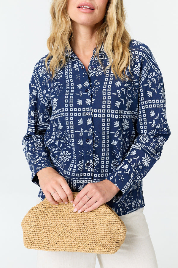 Blue | Printed Long Sleeve Relaxed Shirt