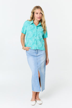 Blue | Leaf Print Textured Short Sleeve Shirt