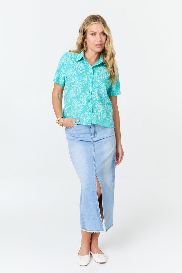 Blue | Leaf Print Textured Short Sleeve Shirt