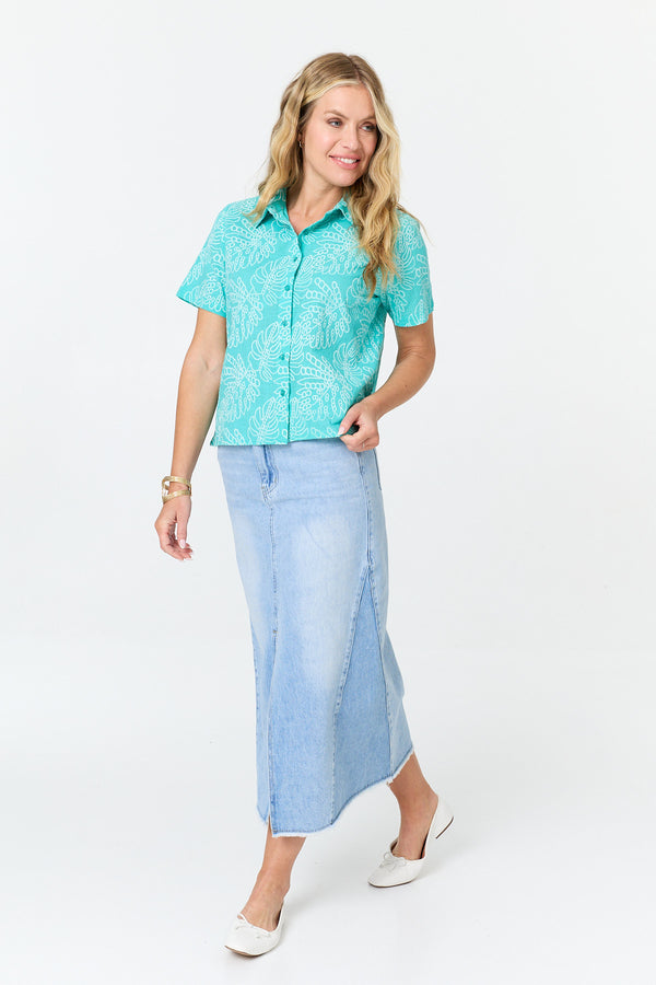 Blue | Leaf Print Textured Short Sleeve Shirt