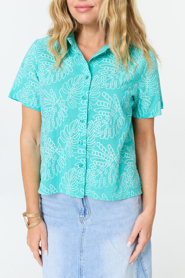 Blue | Leaf Print Textured Short Sleeve Shirt