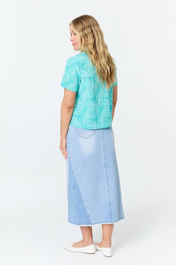 Blue | Leaf Print Textured Short Sleeve Shirt