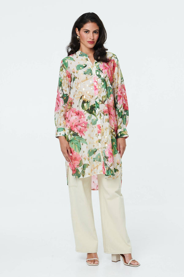 Cream | Floral Long Sleeve V-Neck Longline Shirt