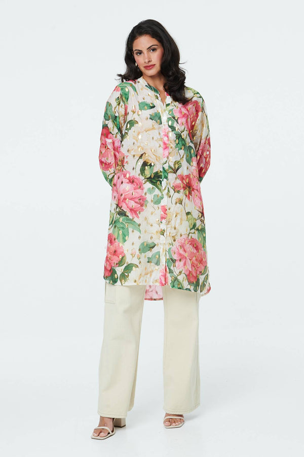 Cream | Floral Long Sleeve V-Neck Longline Shirt