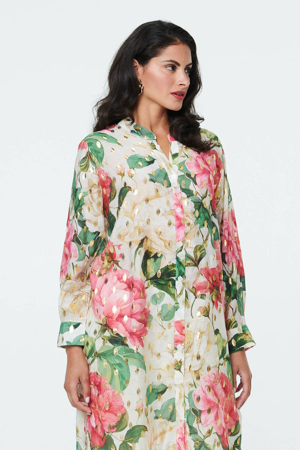 Cream | Floral Long Sleeve V-Neck Longline Shirt