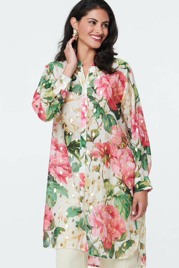 Cream | Floral Long Sleeve V-Neck Longline Shirt