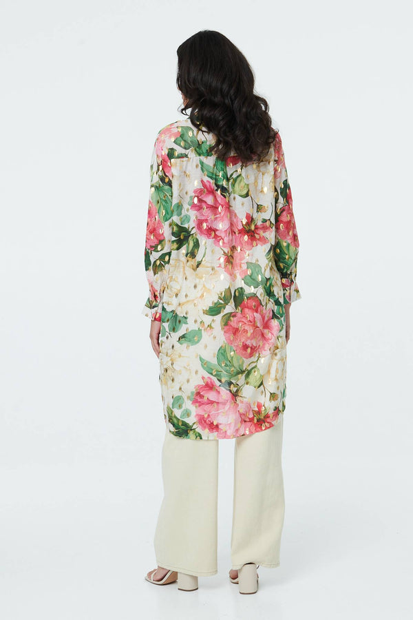 Cream | Floral Long Sleeve V-Neck Longline Shirt