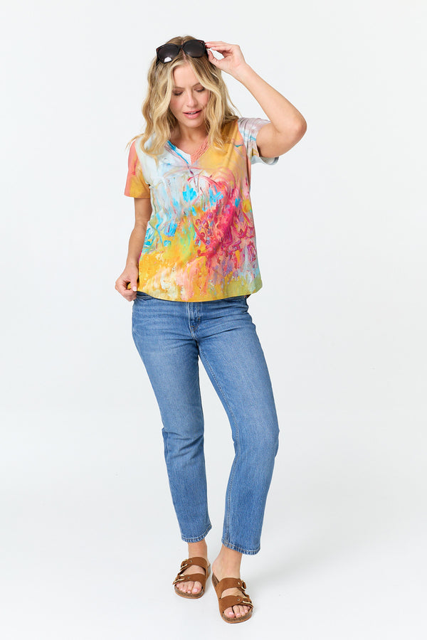 Blue | Abstract Short Sleeve V-Neck Top