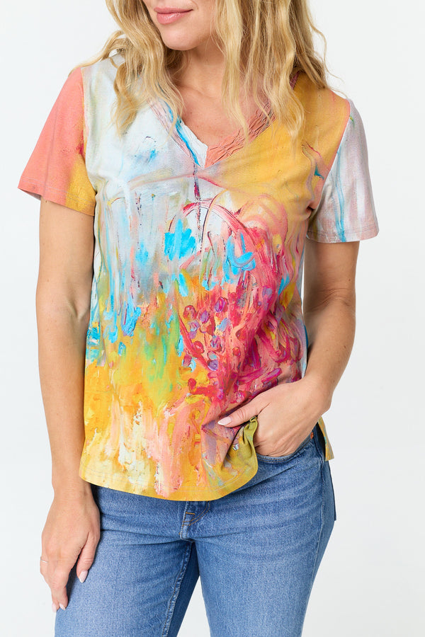 Blue | Abstract Short Sleeve V-Neck Top