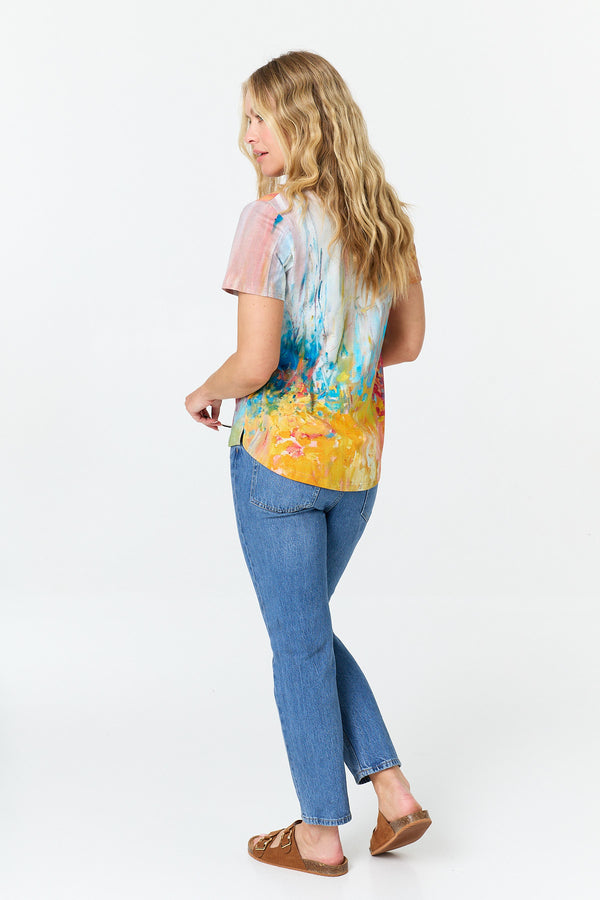 Blue | Abstract Short Sleeve V-Neck Top