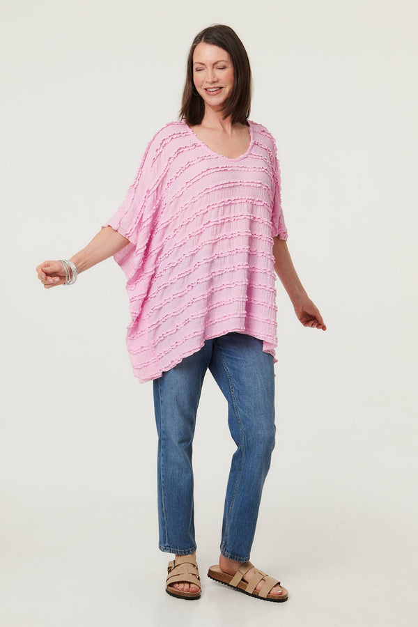 Pink | Textured 3/4 Batwing Sleeve Relaxed Top