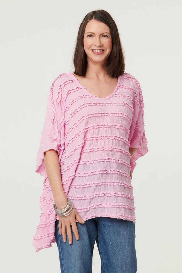 Pink | Textured 3/4 Batwing Sleeve Relaxed Top : Model is 5'8"/172 cm and wears UK10/EU38/US6/AUS10